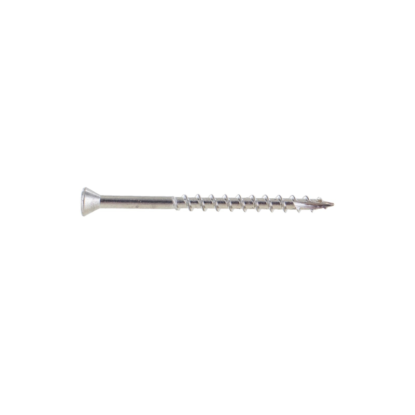 A single #7 x 2-1/4 inch trim head deck screw made of 316 stainless steel, isolated on a white background.