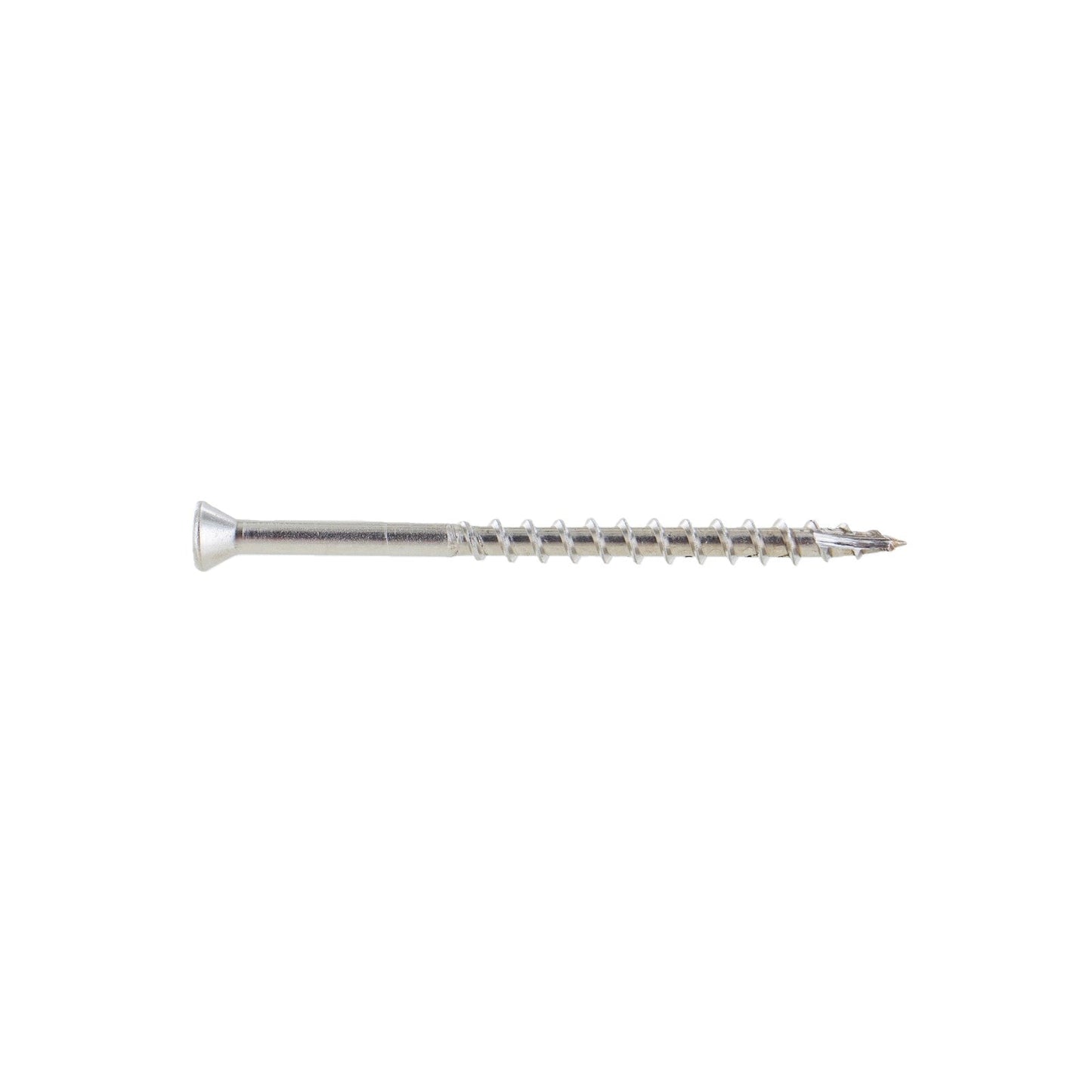 A single #8 x 2-1/2 inch Conquest trim head deck screw made of 316 stainless steel.