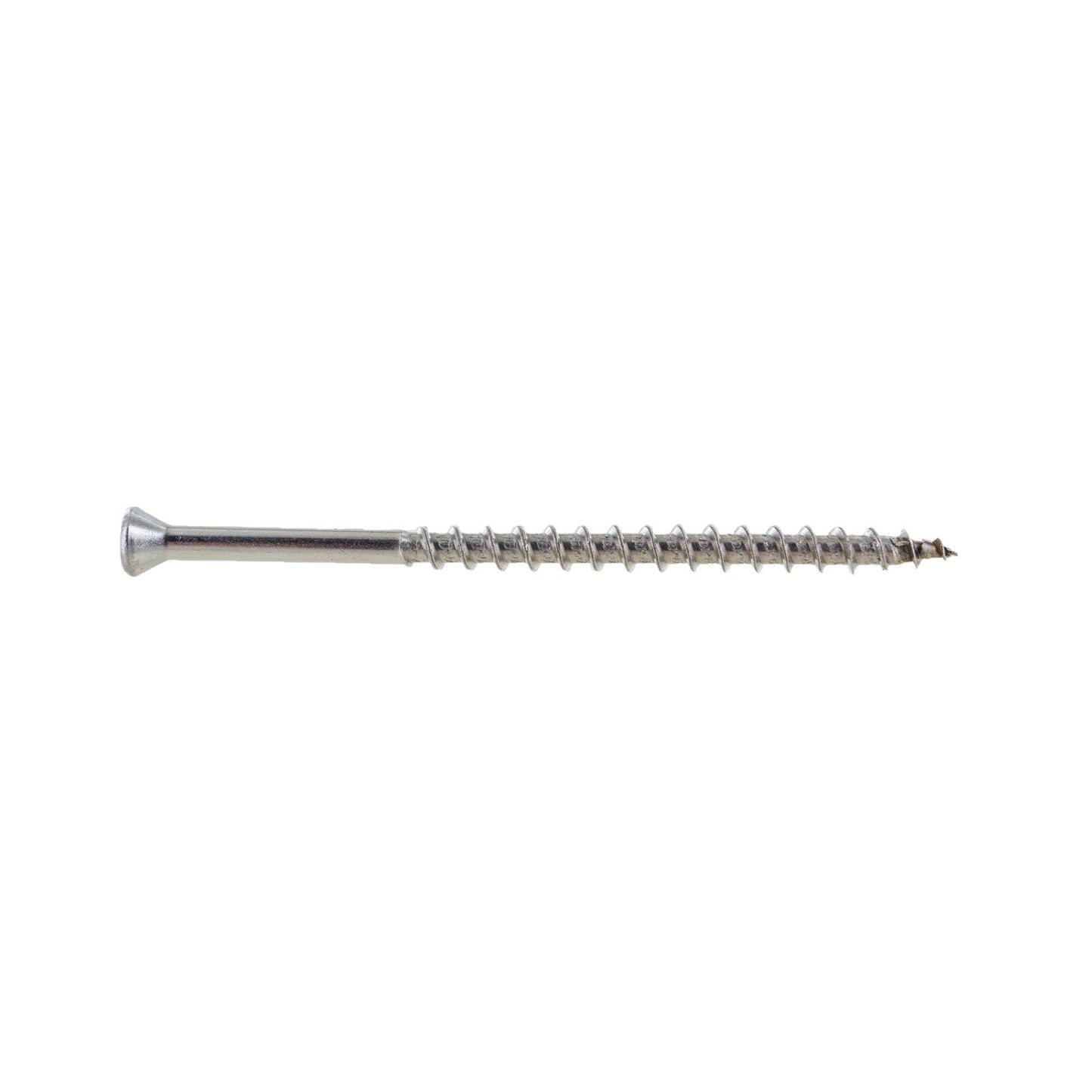 A single #8 x 3 inch trim head deck screw made of 304 stainless steel, displayed against a white background.