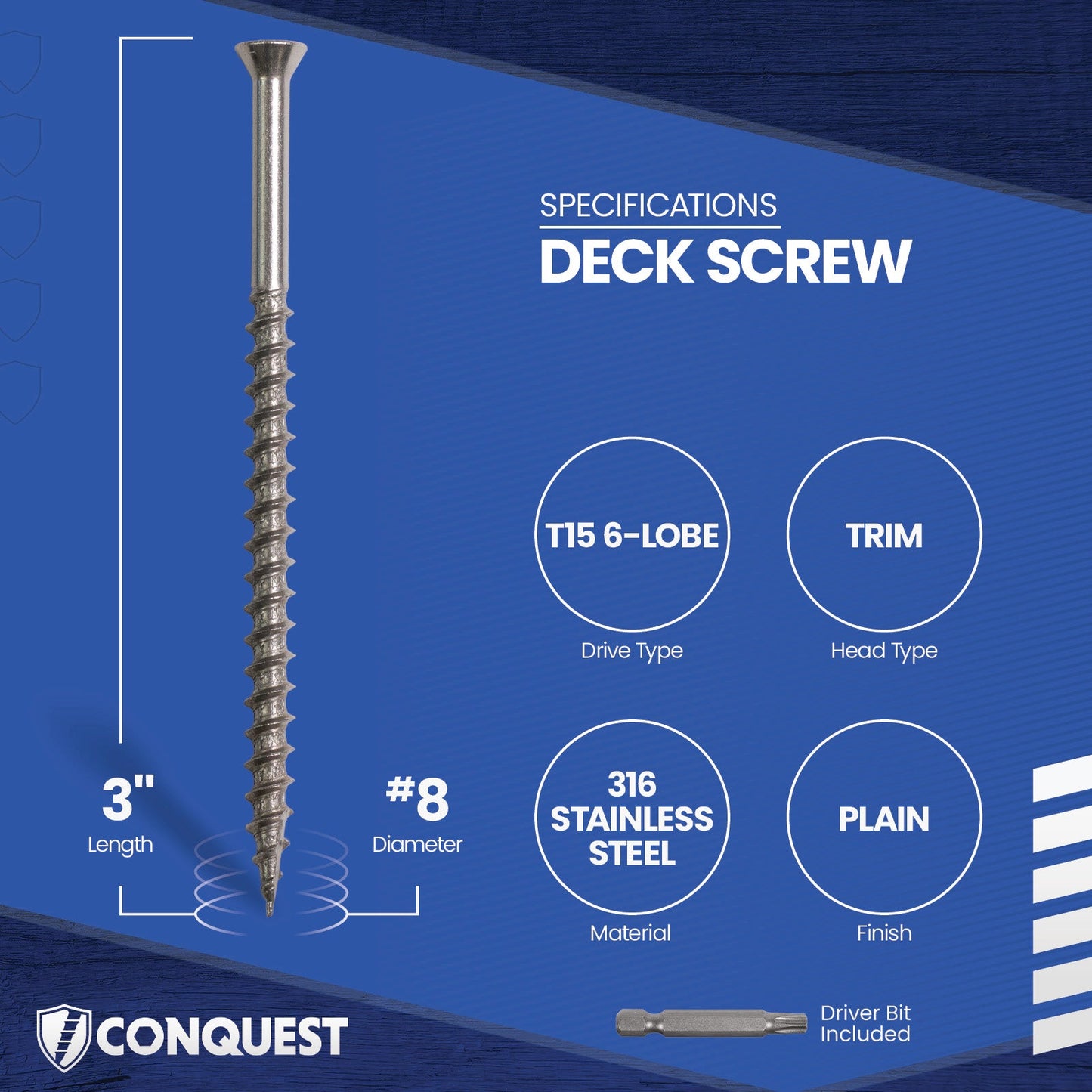 #8 x 3" Conquest T15 Trim Head Deck Screws - 316 Stainless Steel, Pkg. 350