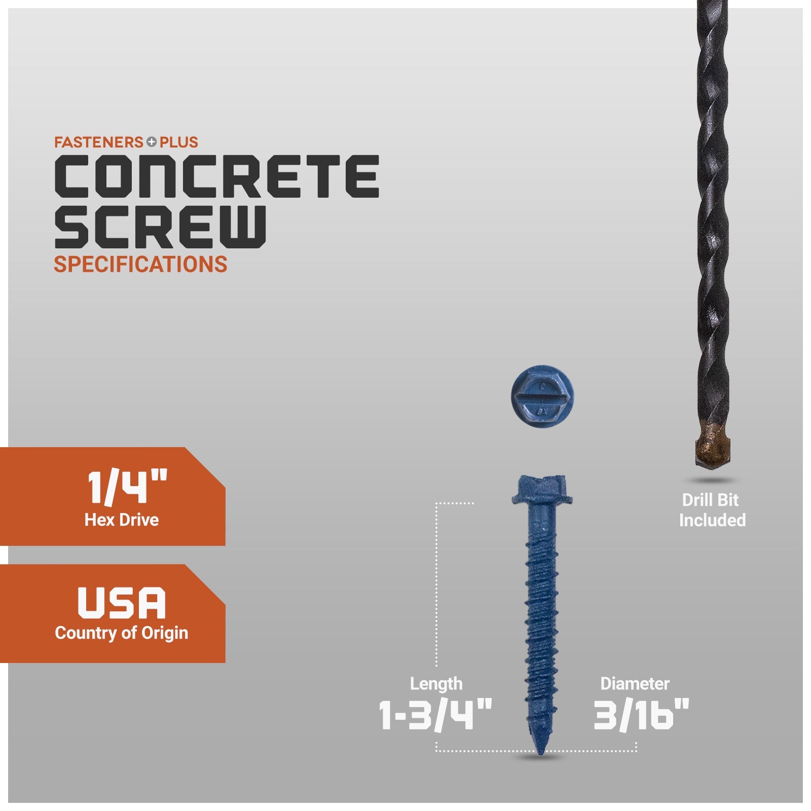 Concrete screw with specifications and drill bit included on a gray background