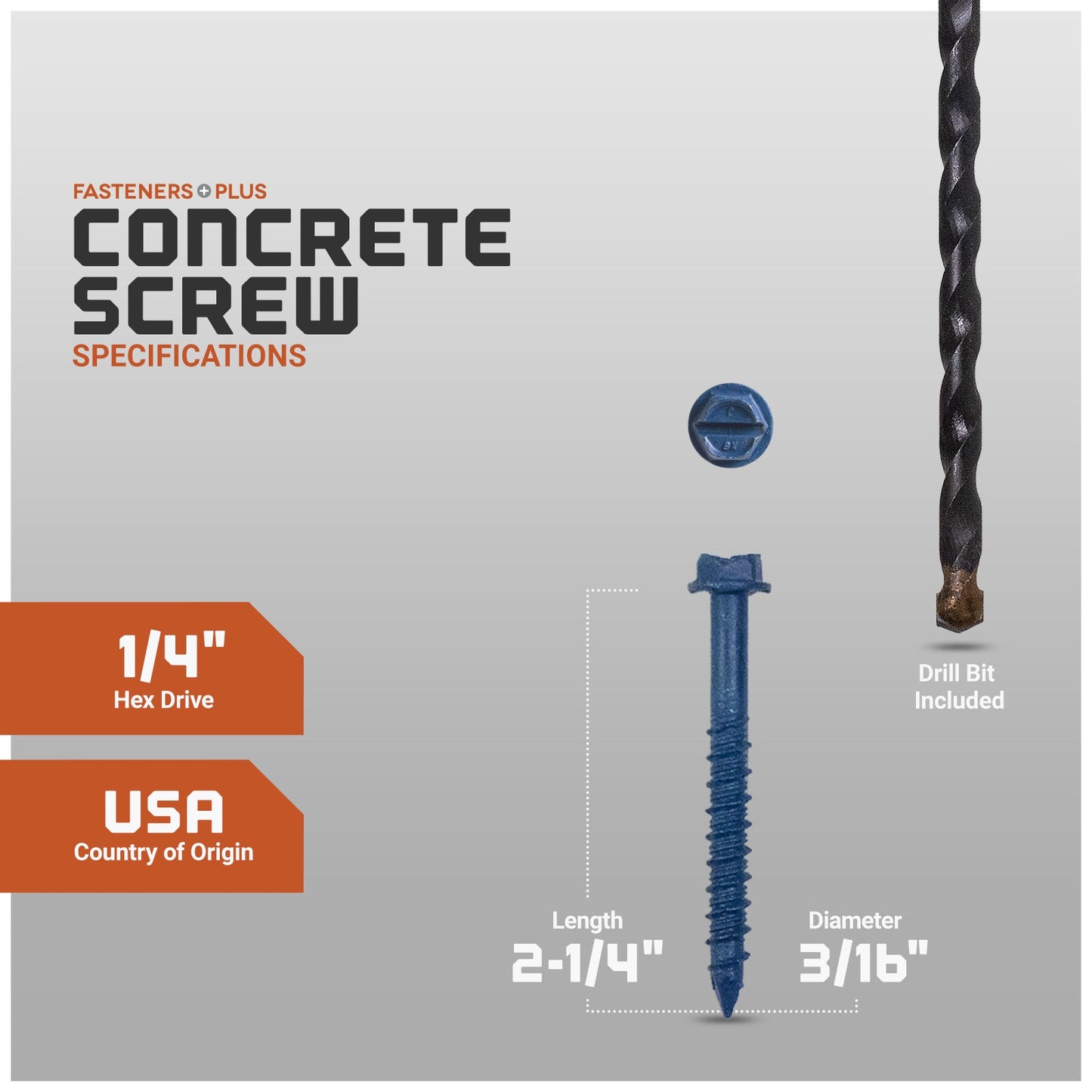 Concrete screw with specifications and drill bit included on a gray background