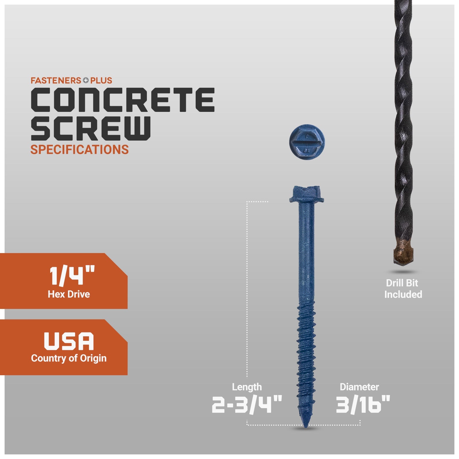 Concrete screw with specifications and drill bit included on a gray background