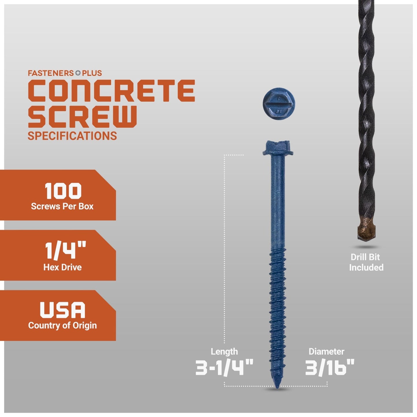 3/16" x 3-1/4" Tapcon Blue Concrete Screw, Hex Head - Individual Dimensions