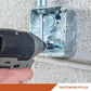 Person using a drill to tighten a screw into a metal box on a concrete wall, with 'Fasteners Plus' branding.