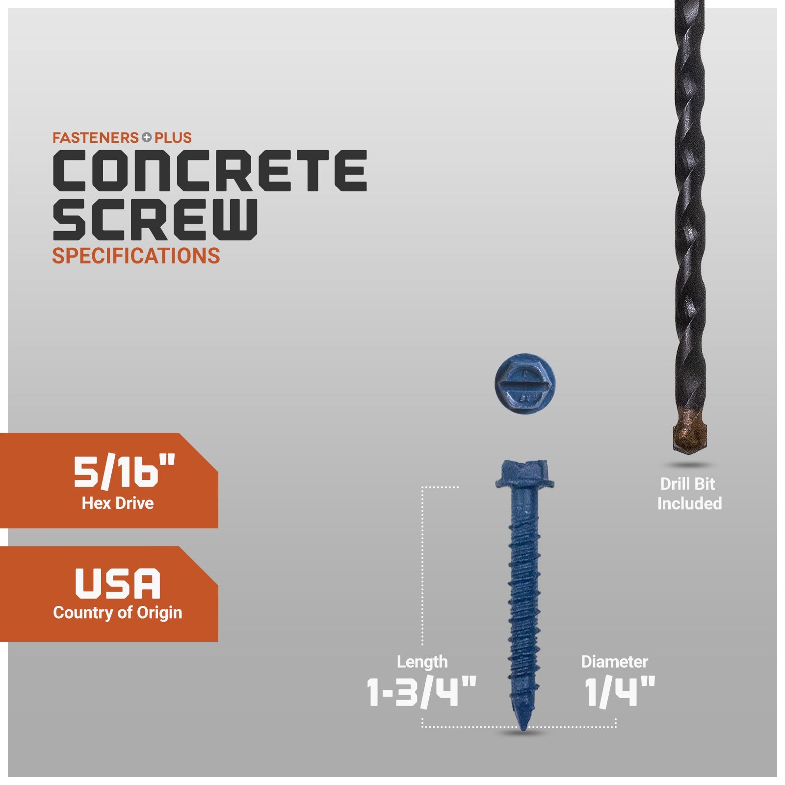 Concrete screw with specifications and drill bit included on a gray background
