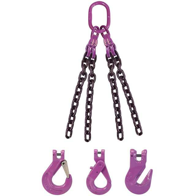 9/32" x 10' - 4 Leg Chain Sling w/ Self-Locking Hooks - Grade 100
