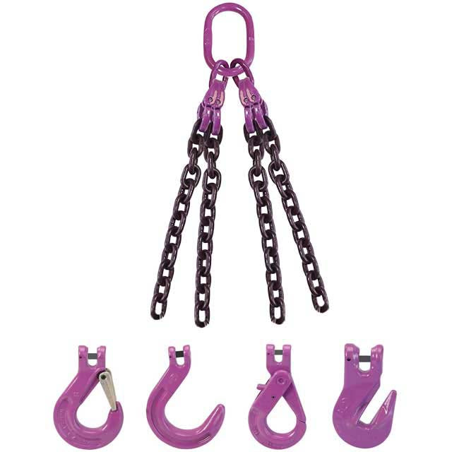 5/16" x 5' - 4 Leg Chain Sling w/ Self-Locking Hooks - Grade 100