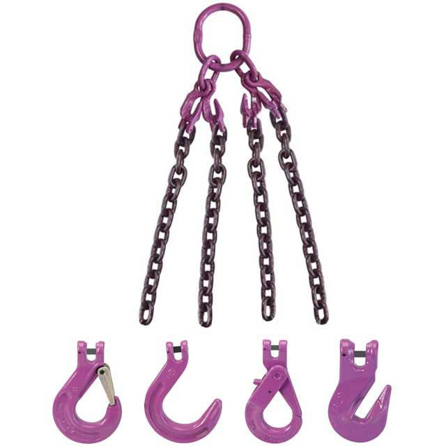 3/8" x 20' - Adjustable 4 Leg Chain Sling w/ Grab Hooks - Grade 100