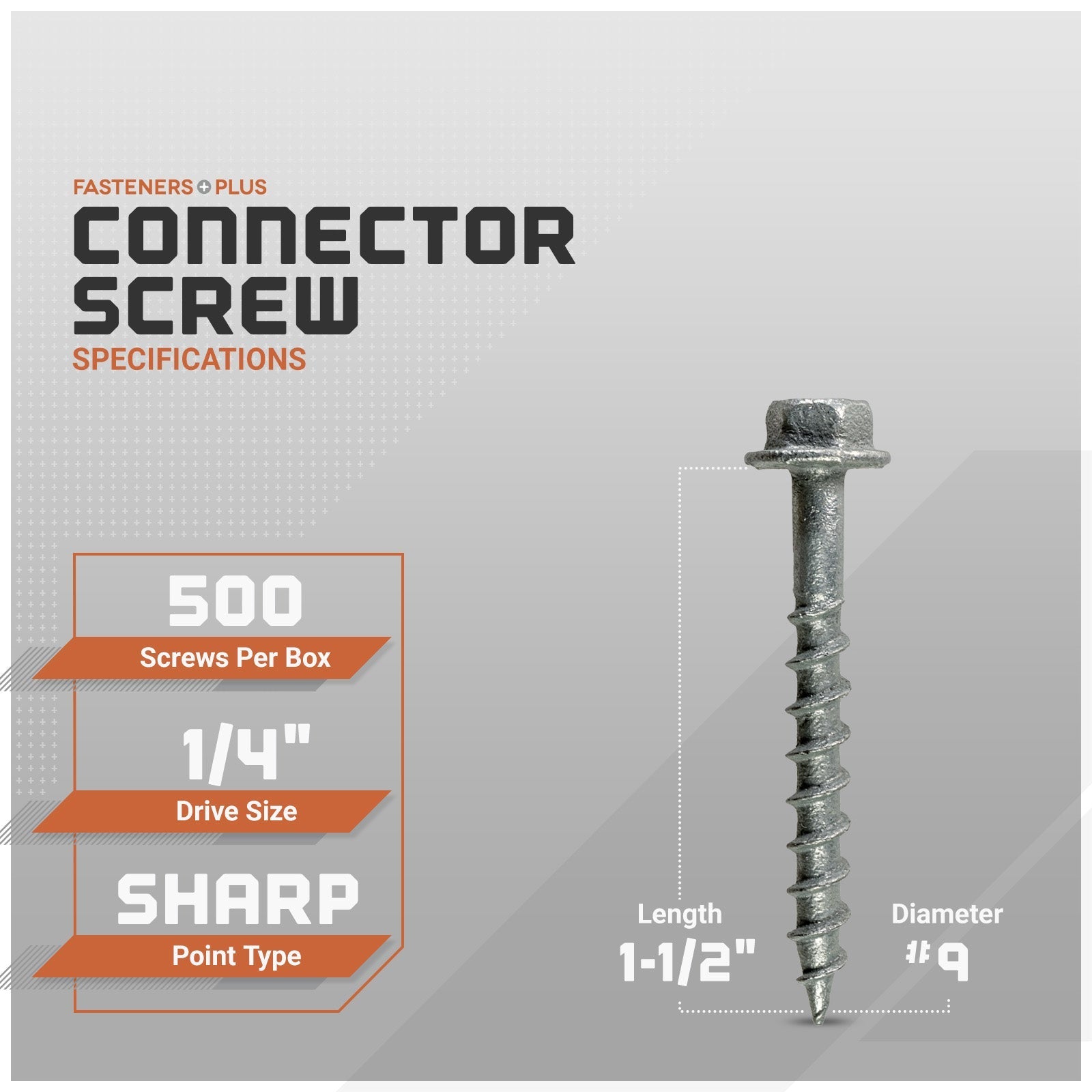 Connector screw with specifications on a gray background