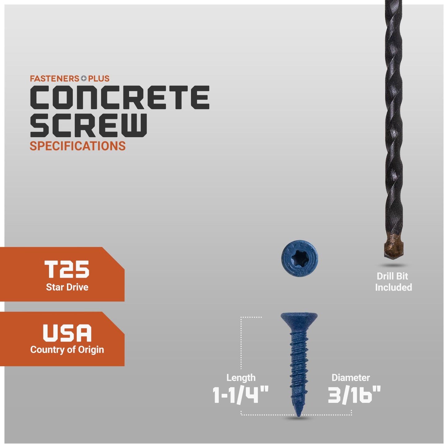 Concrete screw with specifications and drill bit included on a gray background