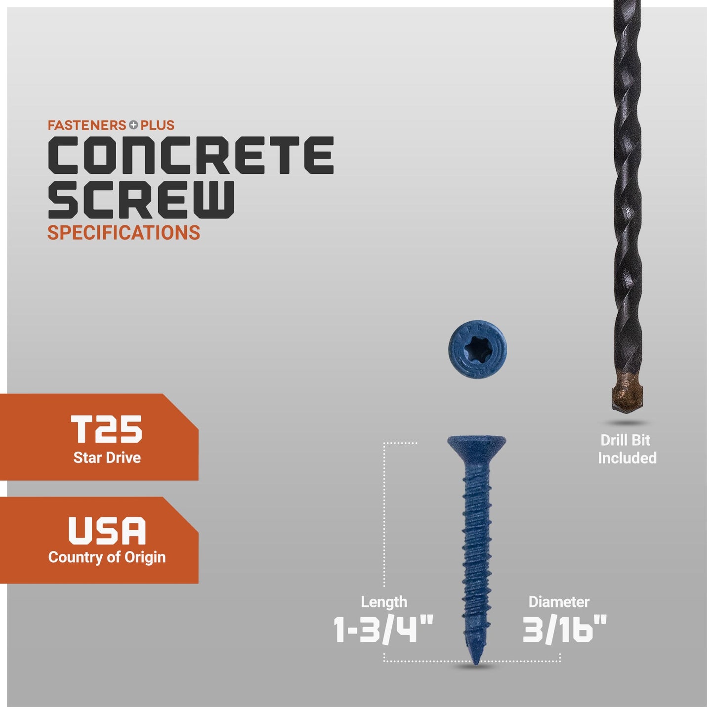 Concrete screw with specifications and drill bit included on a gray background