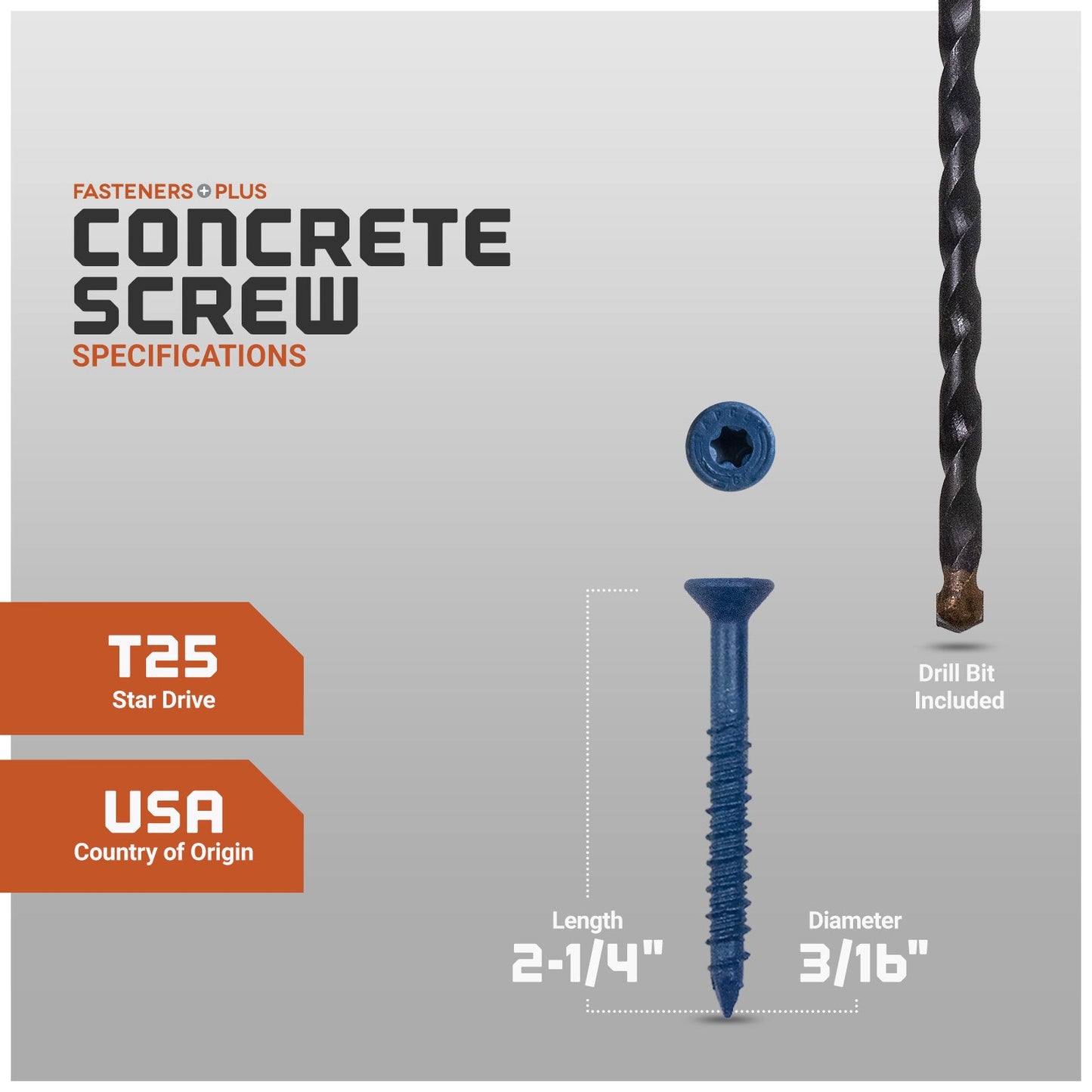 Concrete screw with specifications and drill bit included on a gray background