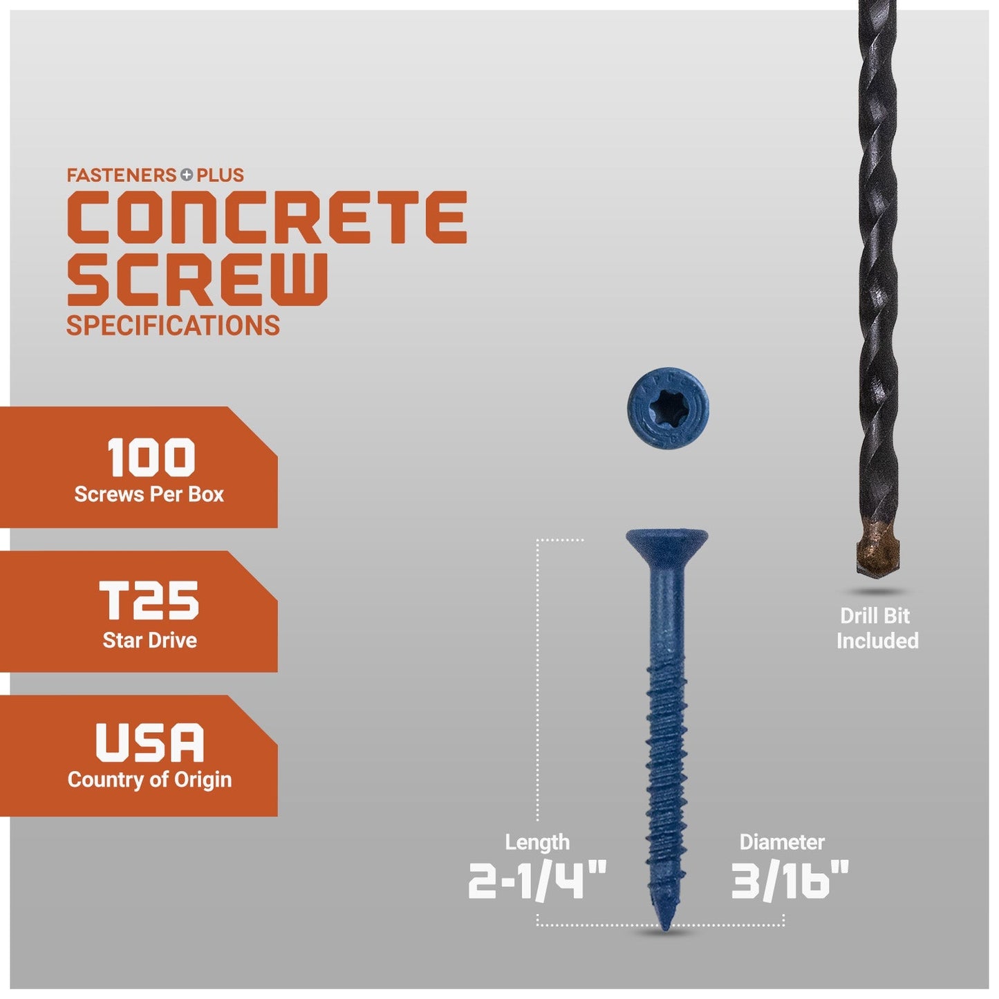 3/16" x 2-1/4" Tapcon Blue Flat Head Concrete Screw, T-25 Star Drive - Individual Dimensions