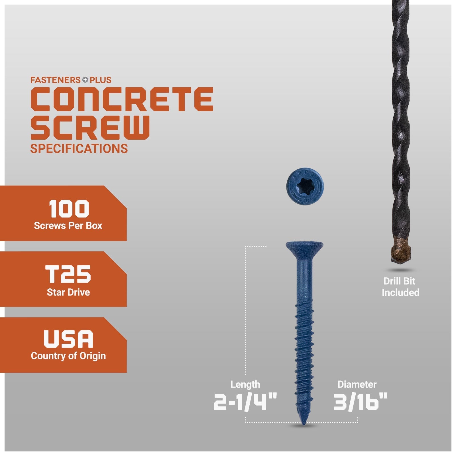 3/16" x 2-1/4" Tapcon Blue Flat Head Concrete Screw, T-25 Star Drive - Individual Dimensions
