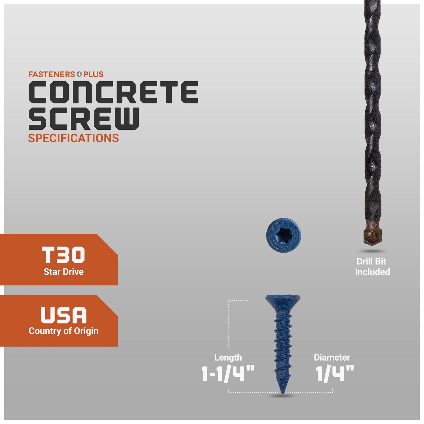 Concrete screw with specifications and drill bit included on a gray background