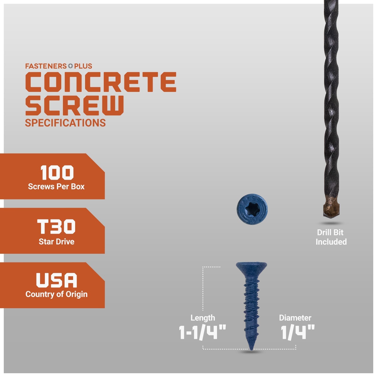 1/4" x 1-1/4" Tapcon Blue Flat Head Concrete Screw, T-30 Star Drive - Individual Dimensions