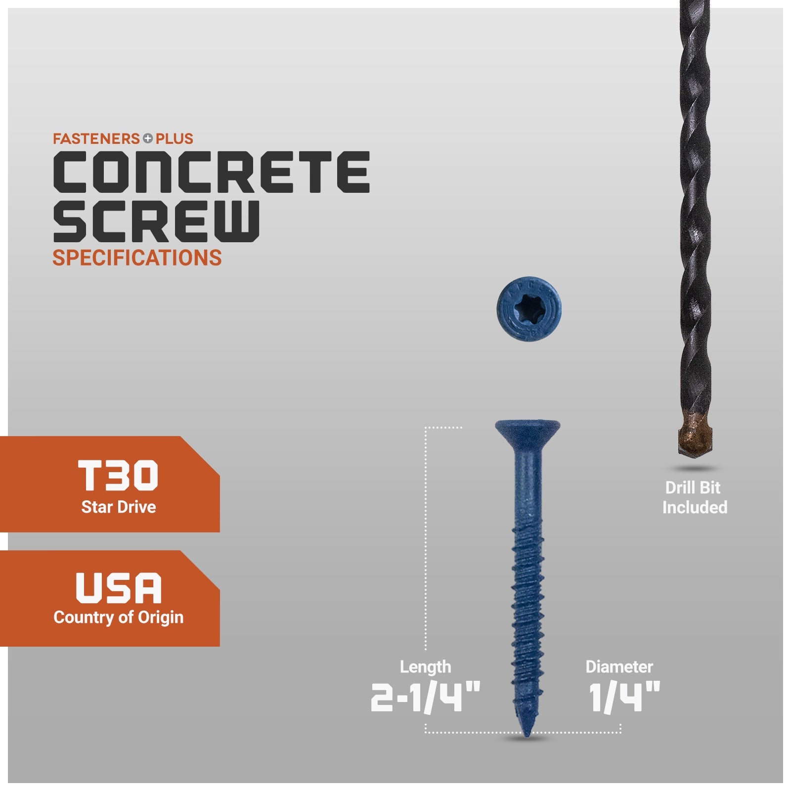 Concrete screw with specifications and drill bit included on a gray background