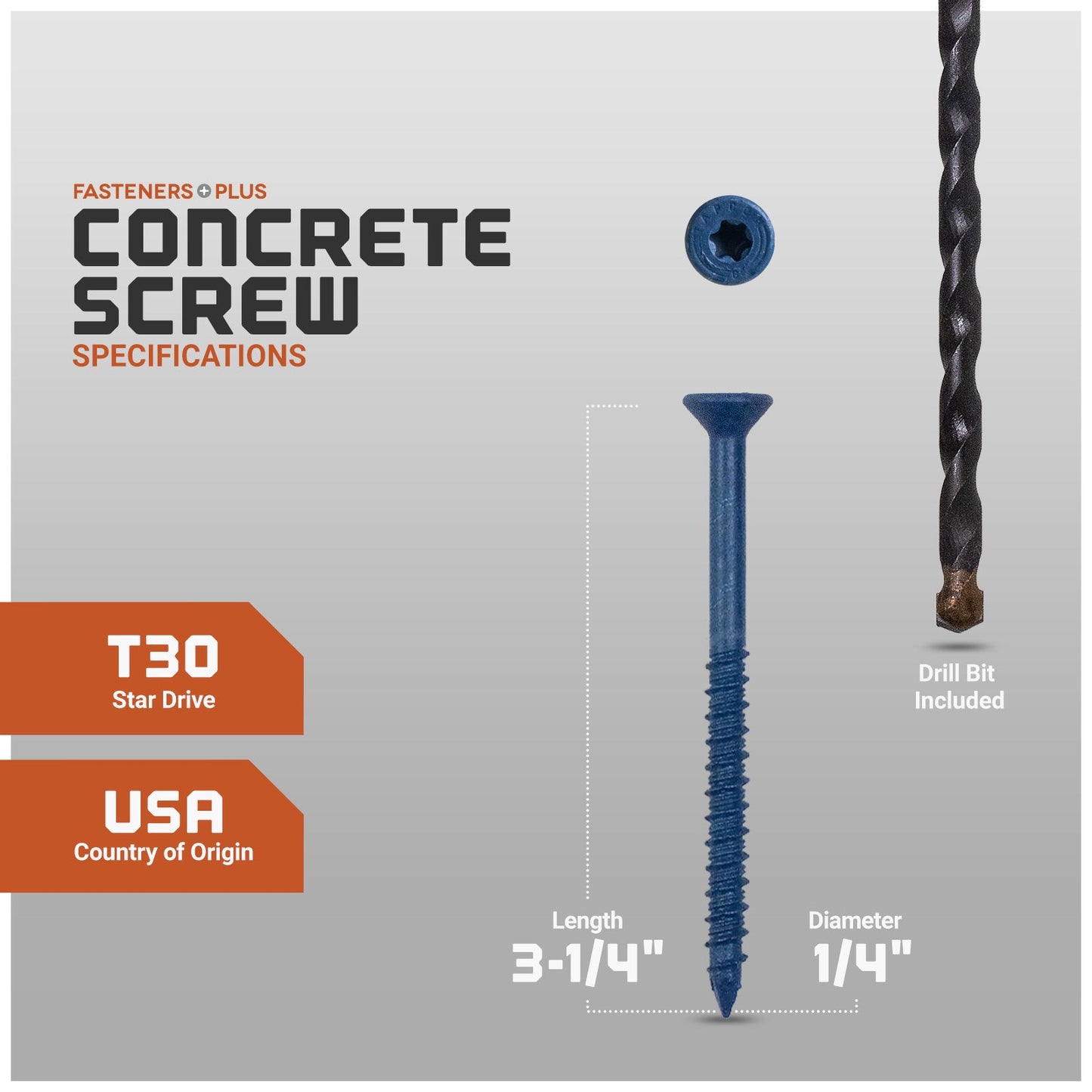 Concrete screw with specifications and drill bit included on a gray background