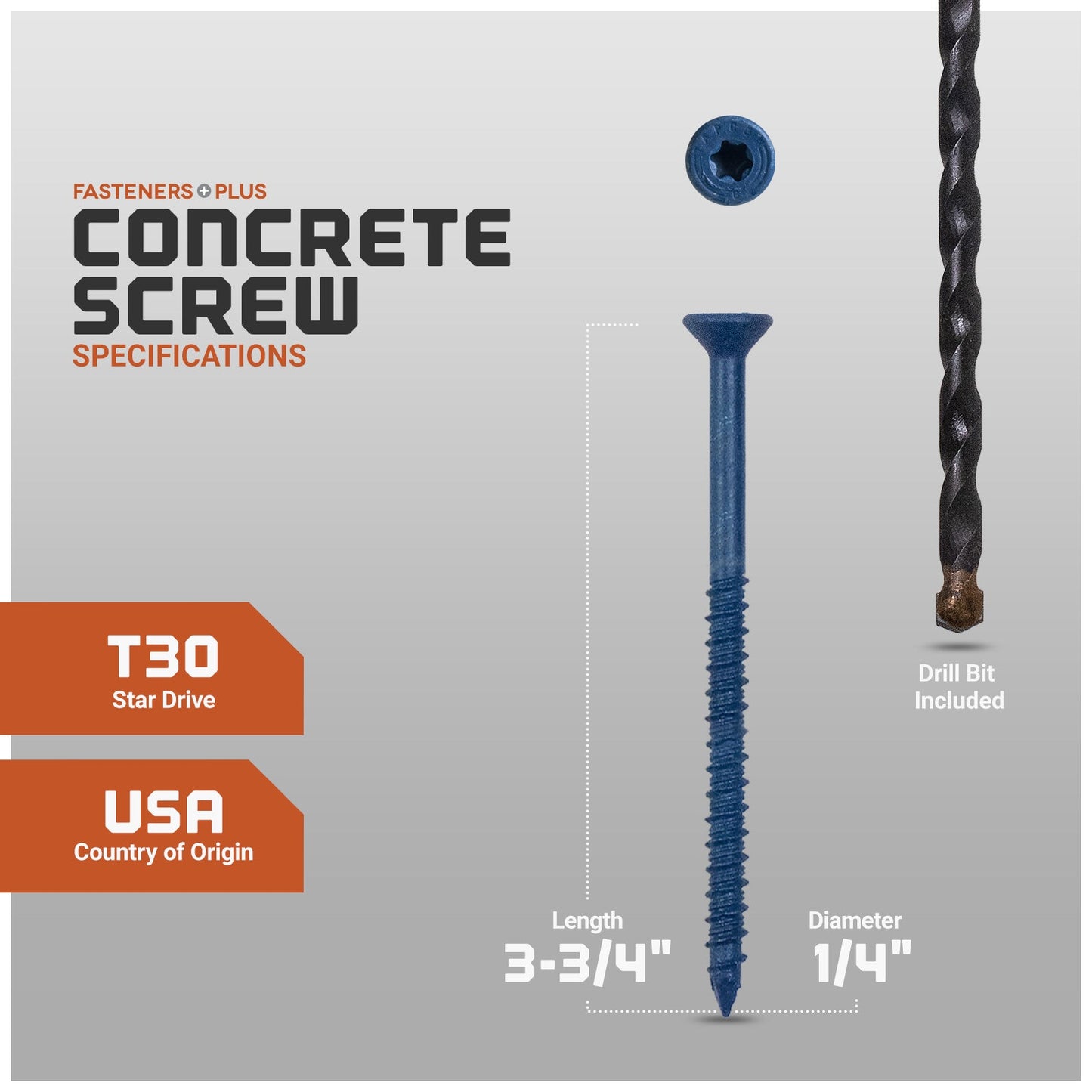 Concrete screw with specifications and drill bit included on a gray background