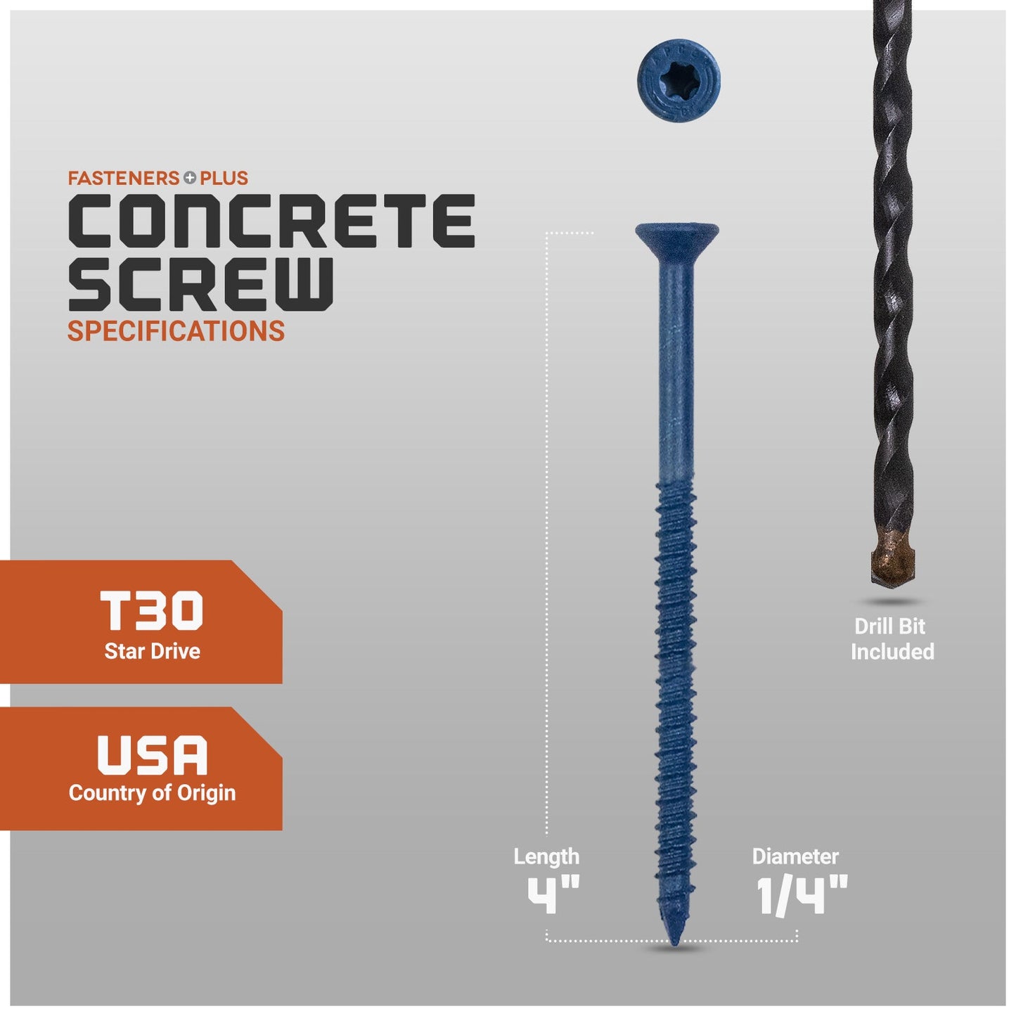 Concrete screw with specifications and drill bit included on a gray background