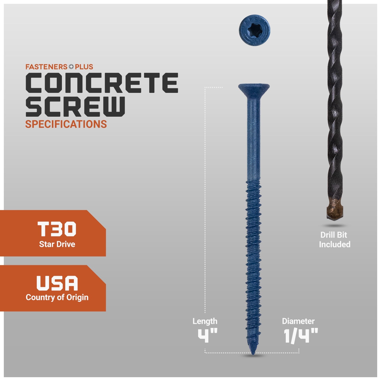 Concrete screw with specifications and drill bit included on a gray background