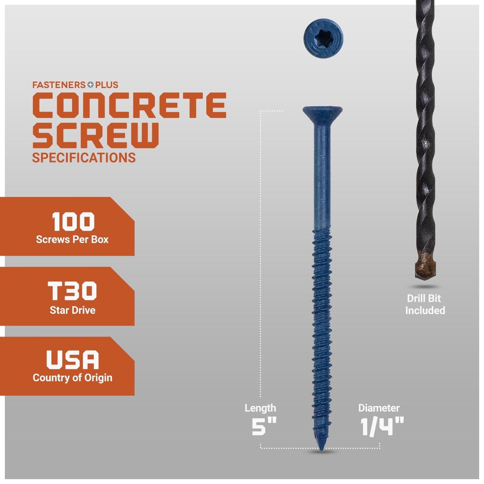 1/4" x 5" Tapcon Blue Flat Head Concrete Screw, T-30 Star Drive - Individual Dimensions