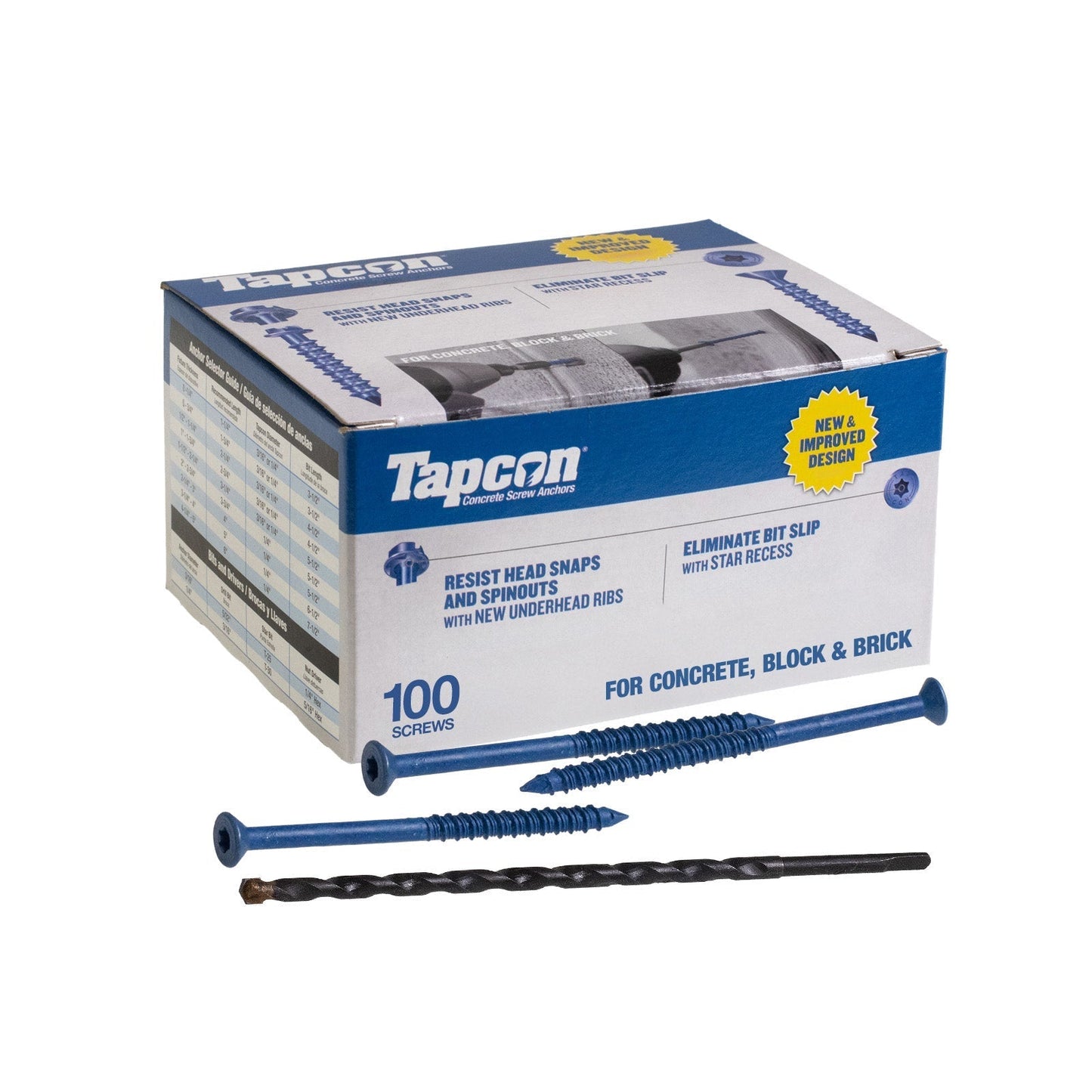 1/4" x 5" Tapcon Blue Flat Head Concrete Screw, T-30 Star Drive, Pkg 100