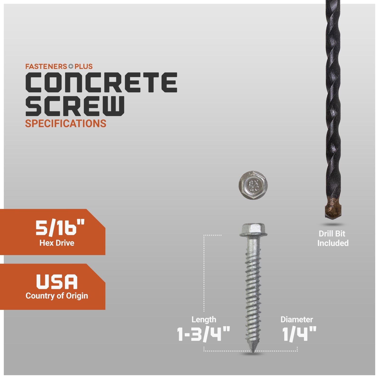 Concrete screw with specifications and drill bit included on a gray background