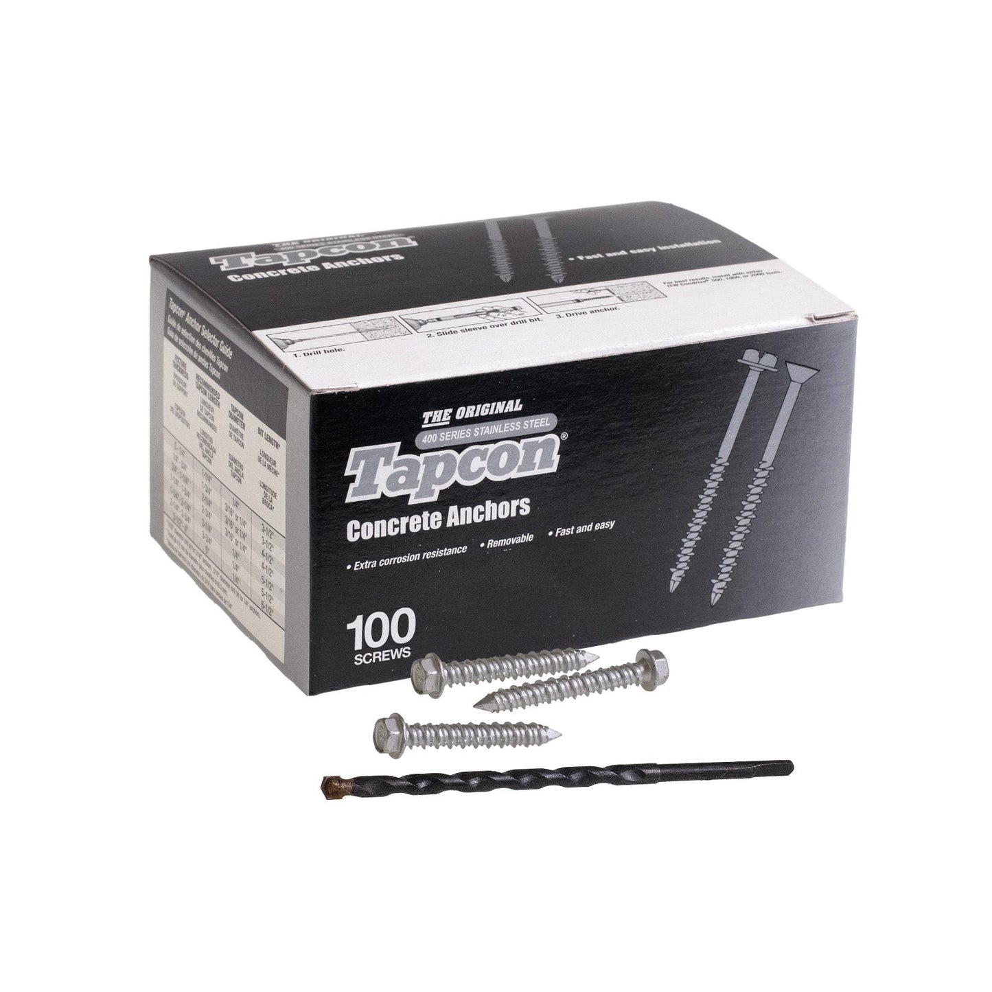 1/4" x 1-3/4" Tapcon 410 Stainless Steel Concrete Screw, Hex Head, Pkg 100