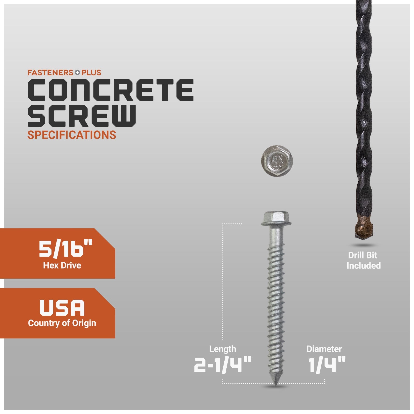 Concrete screw with specifications and drill bit included on a gray background