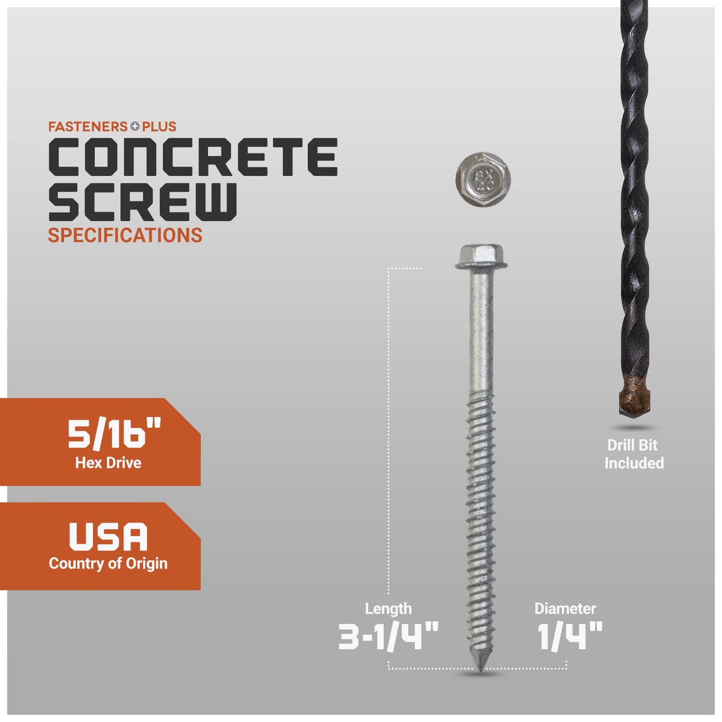 Concrete screw with specifications and drill bit included on a gray background