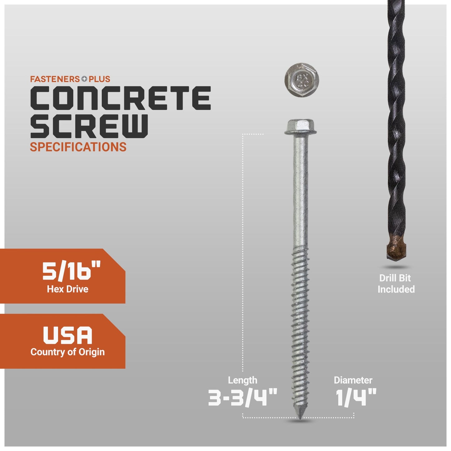 Concrete screw with specifications and drill bit included on a gray background