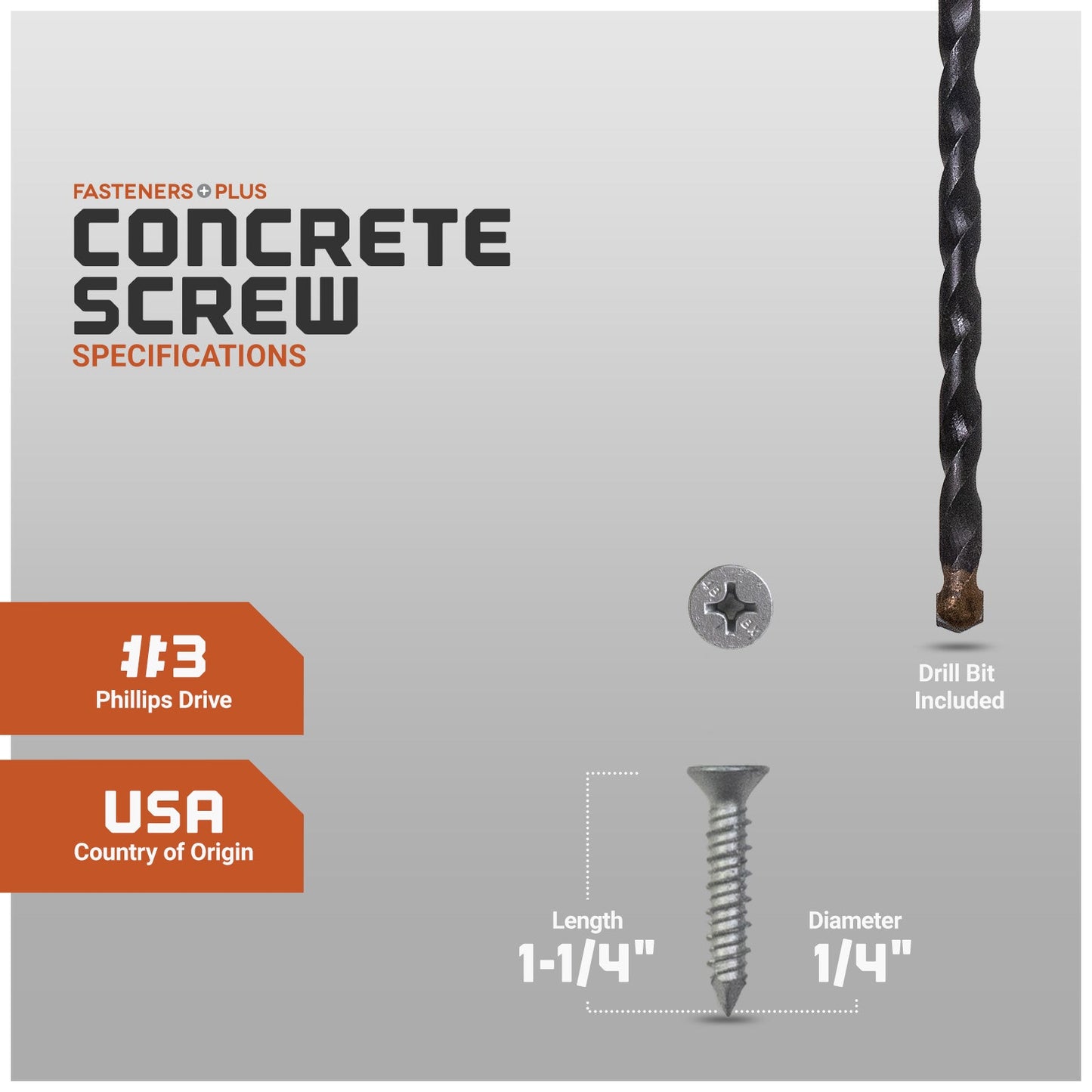 Concrete screw with specifications and drill bit included on a gray background