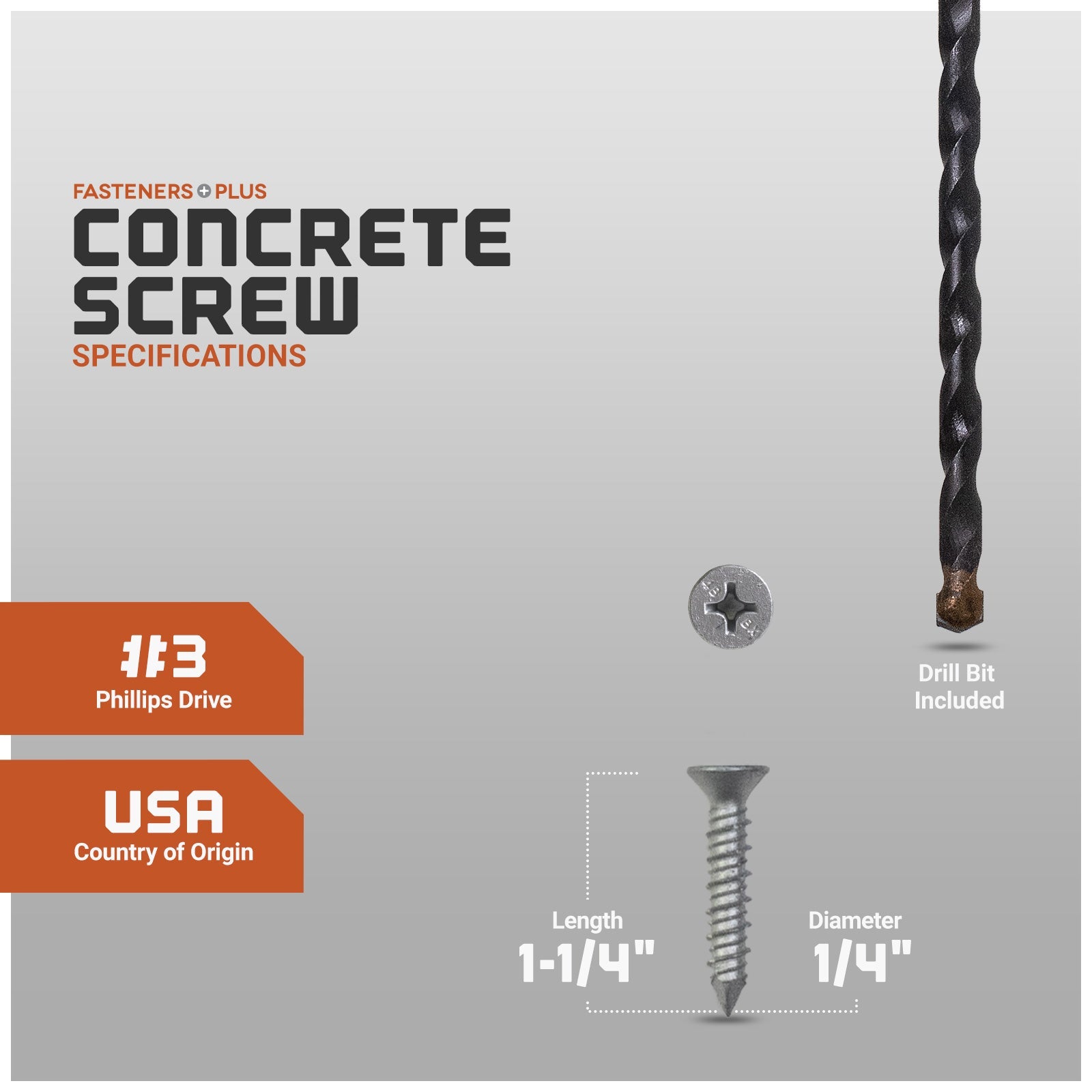 Concrete screw with specifications and drill bit included on a gray background