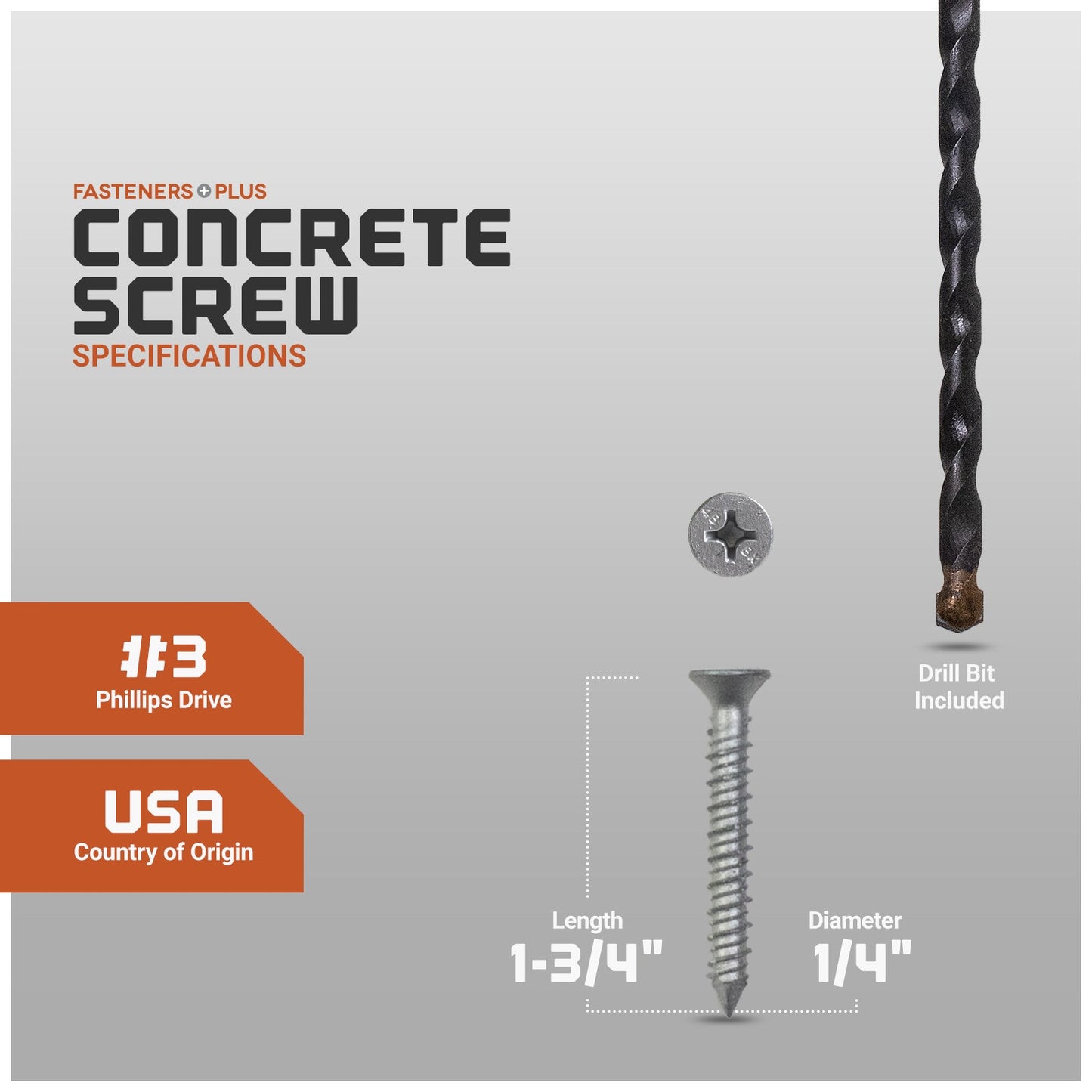 Concrete screw with specifications and drill bit included on a gray background
