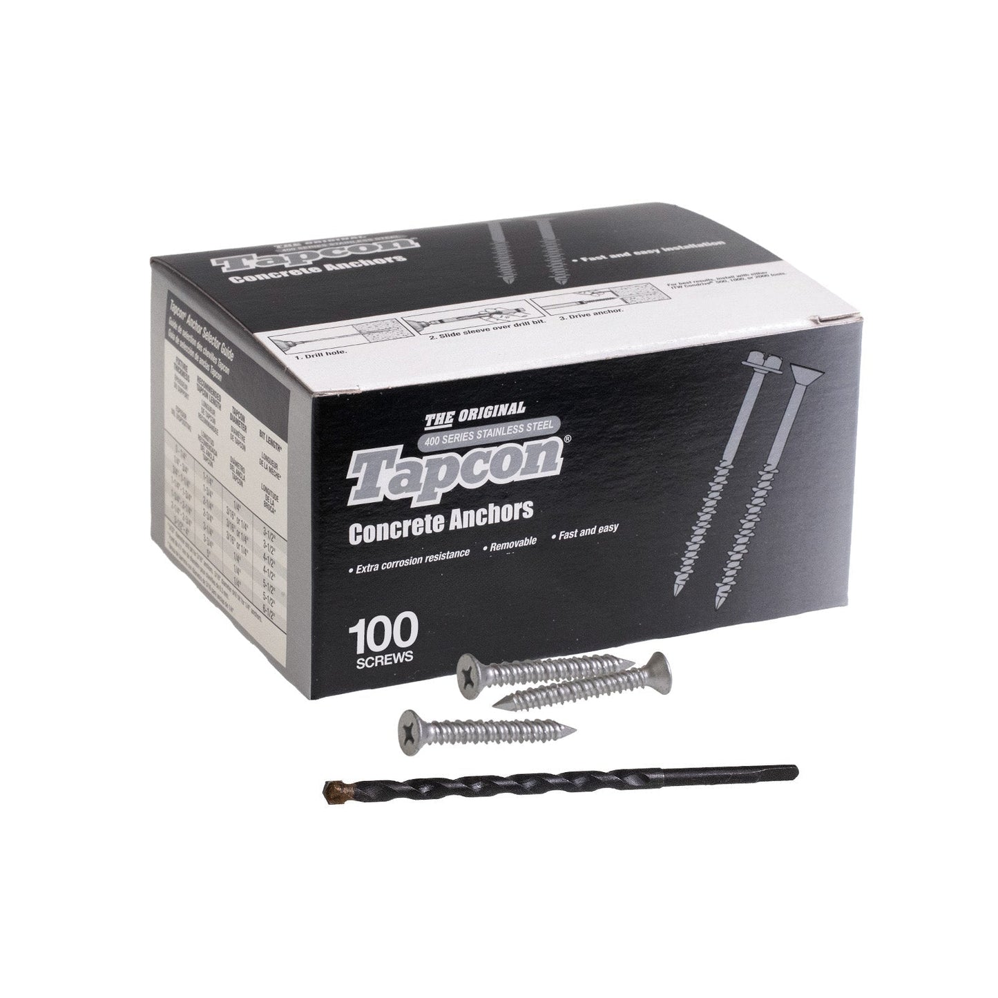 1/4" x 1-3/4" Tapcon 410 Stainless Steel Concrete Screw, Phillips Flat, Pkg 100