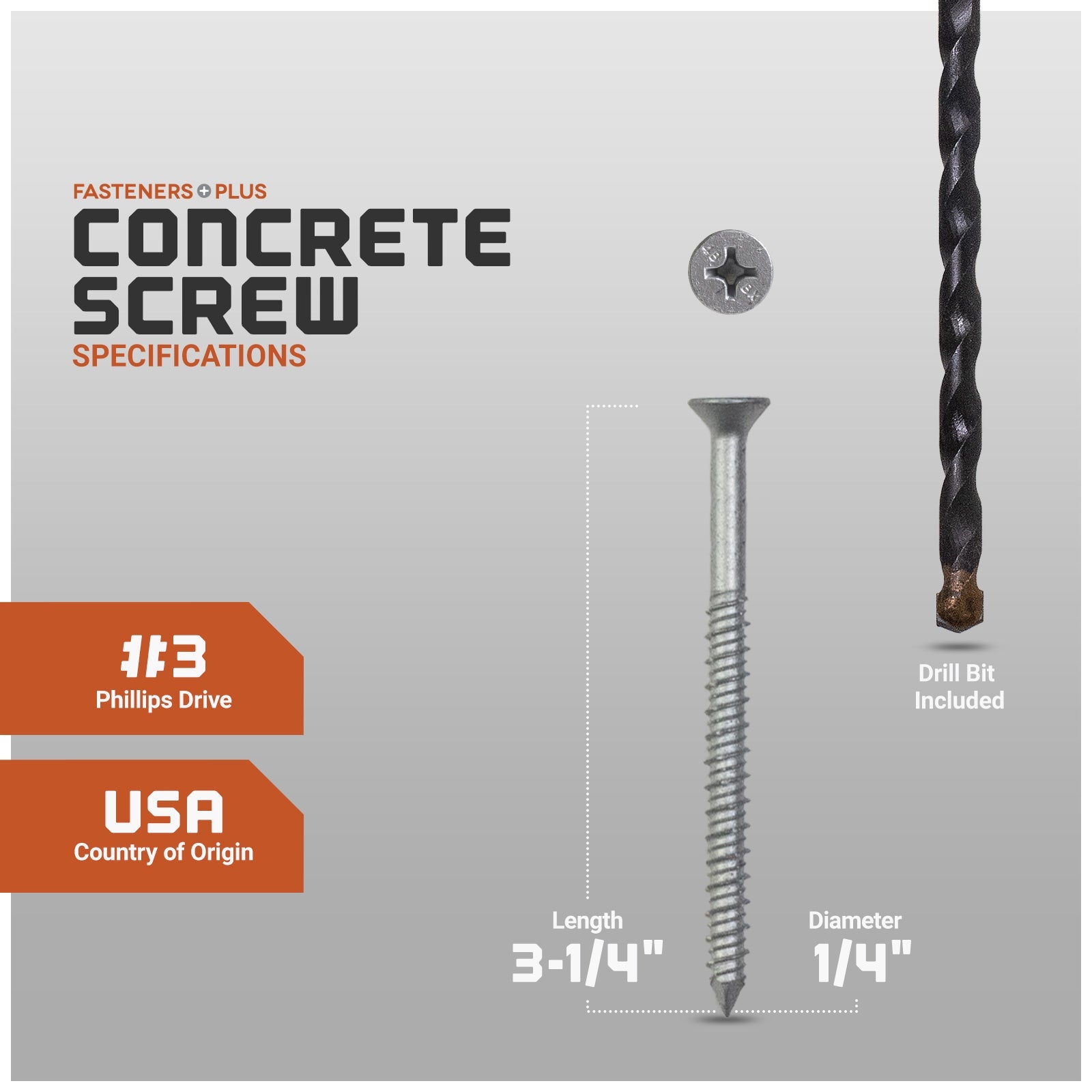 Concrete screw with specifications and drill bit included on a gray background