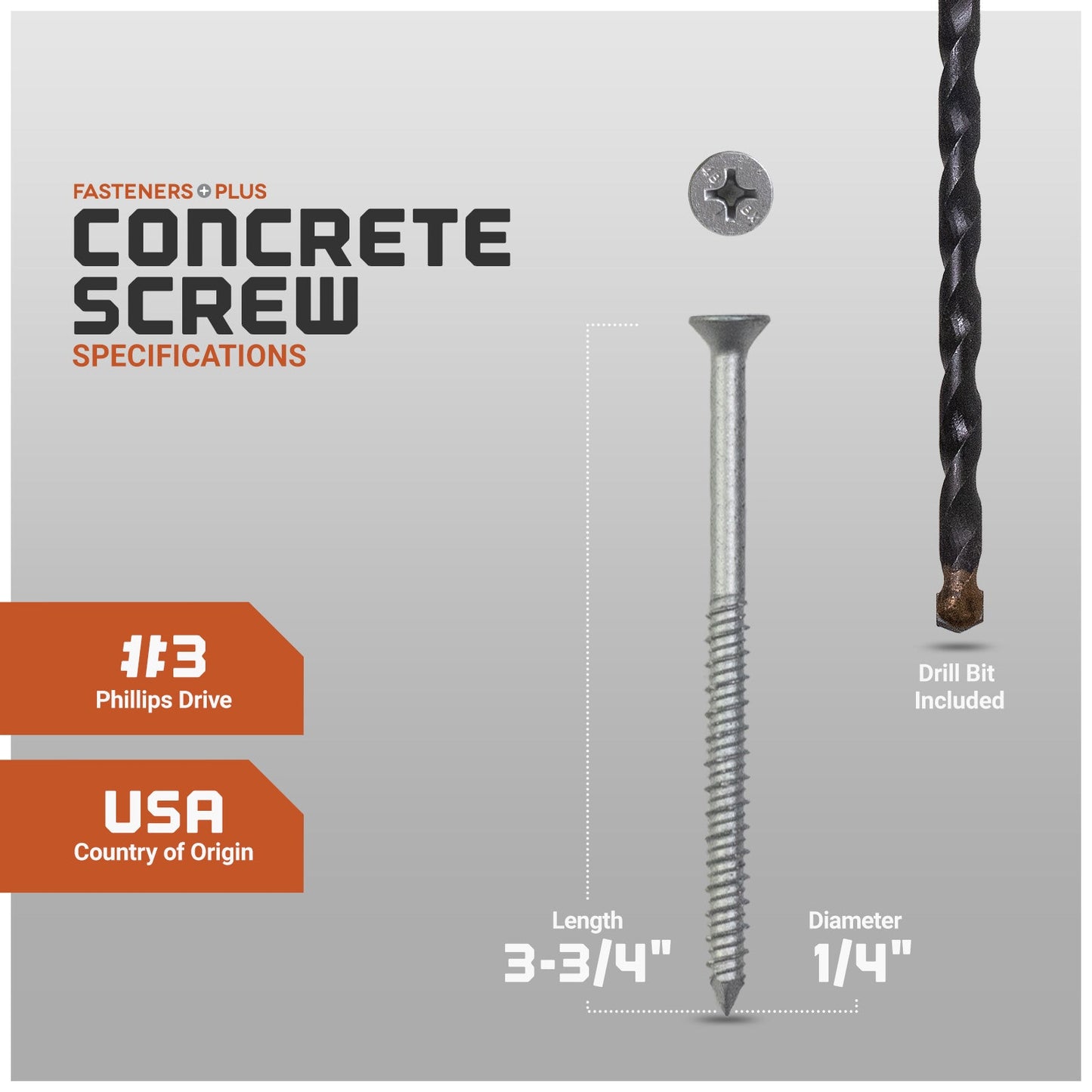 Concrete screw with specifications and drill bit included on a gray background