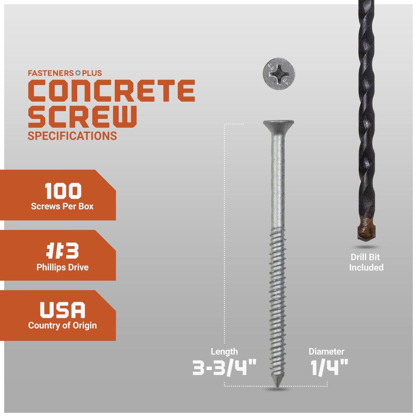 1/4" x 3-3/4" Tapcon 410 Stainless Steel Concrete Screw, Phillips Flat - Single Dimensions
