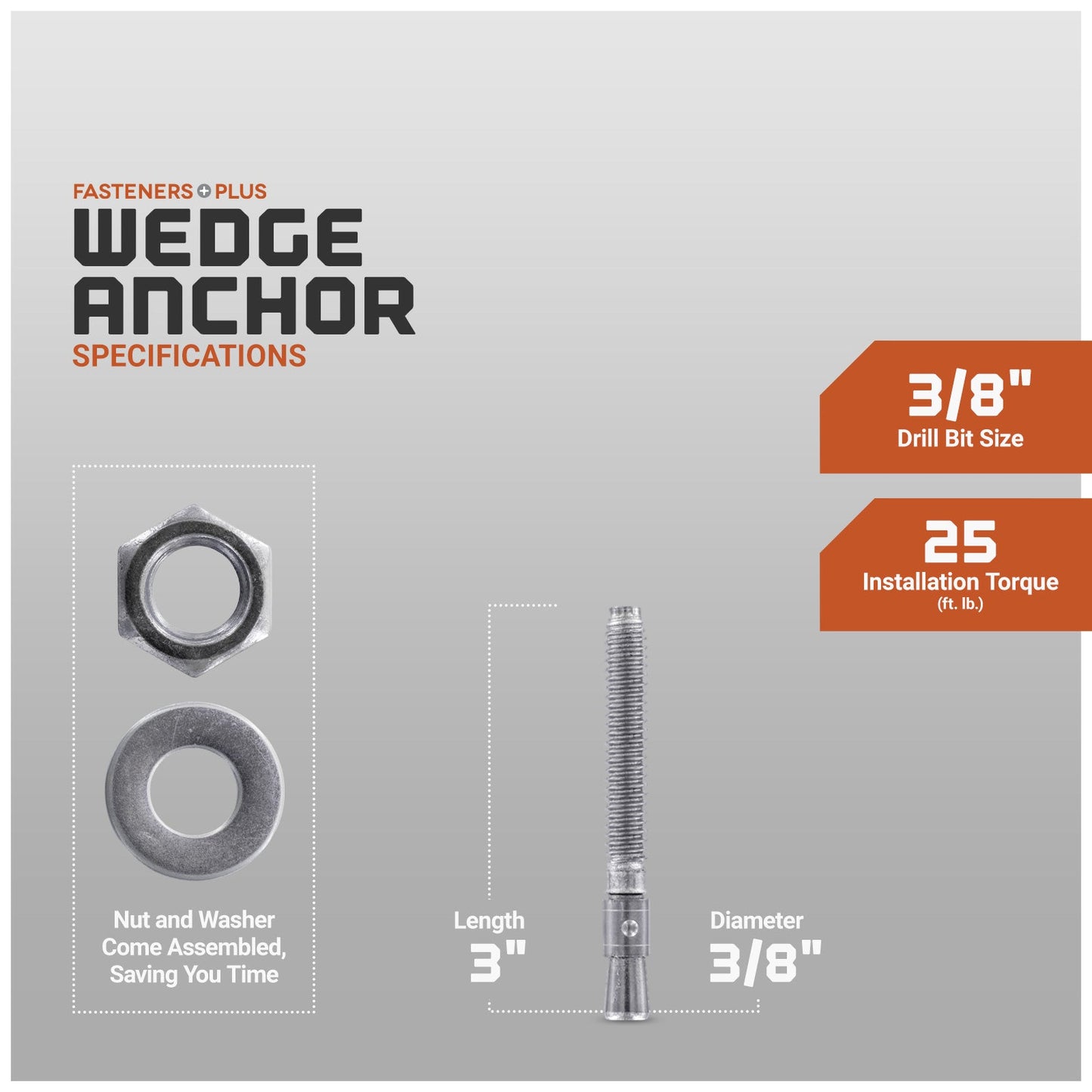 Wedge anchor specifications, nut and washer come assembled saving you time