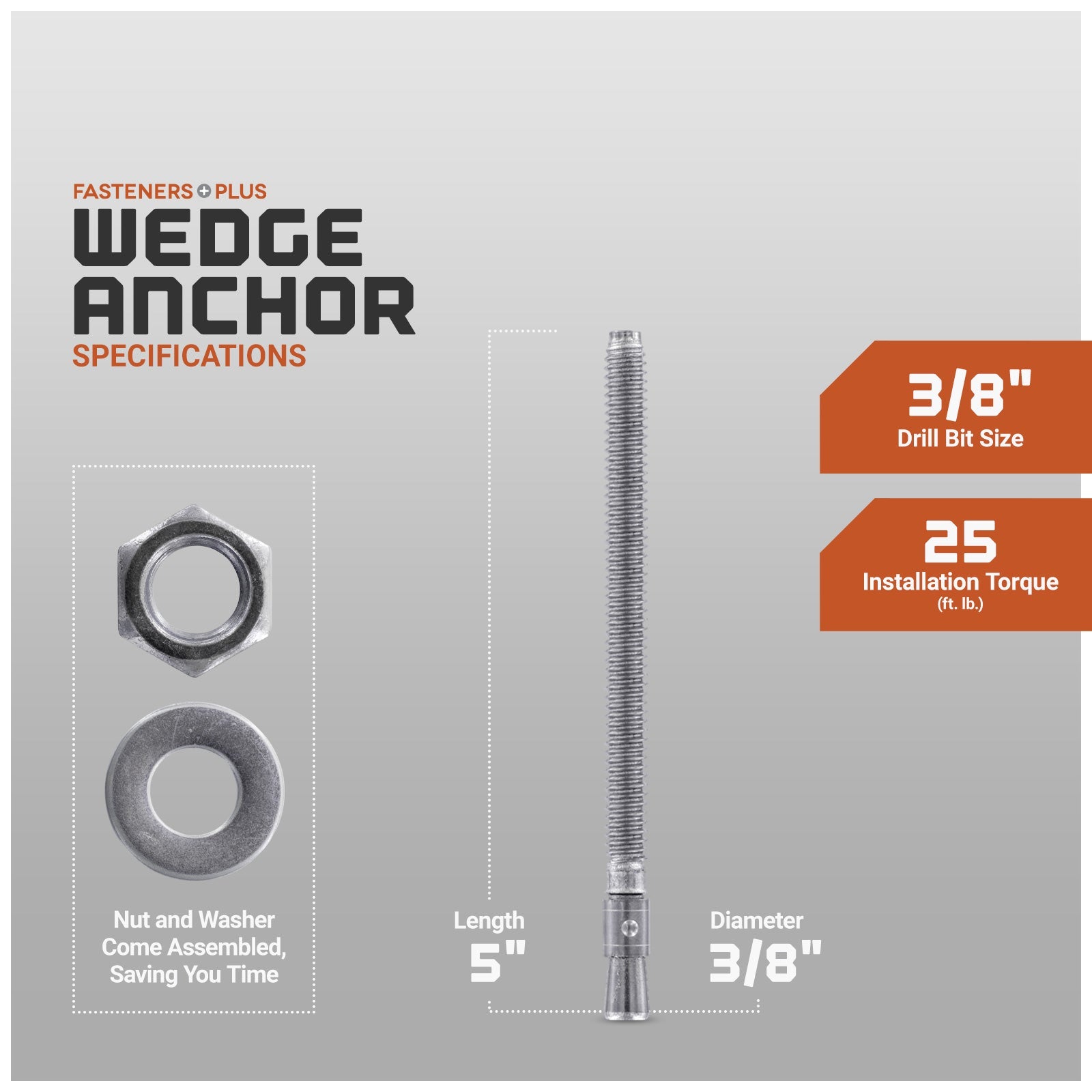 Wedge anchor specifications, nut and washer come assembled saving you time