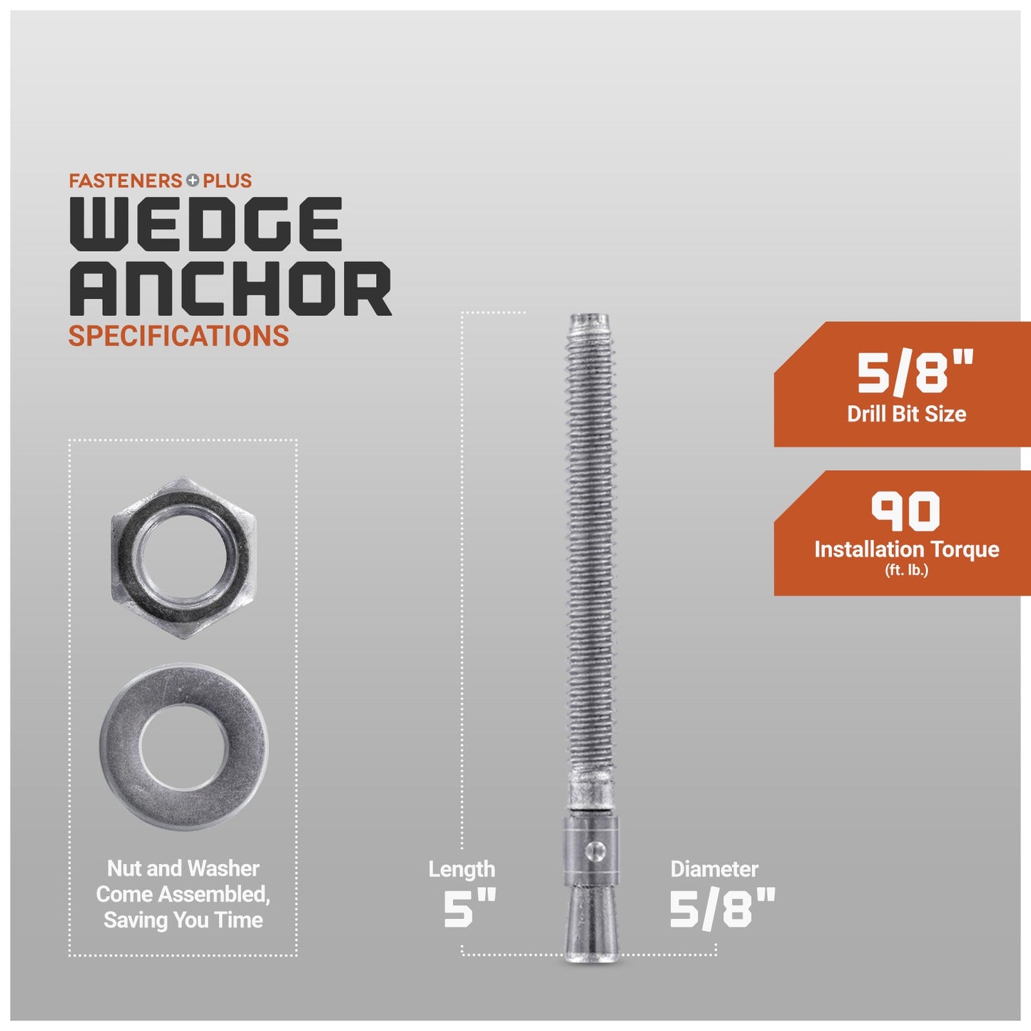 Wedge anchor specifications, nut and washer come assembled saving you time