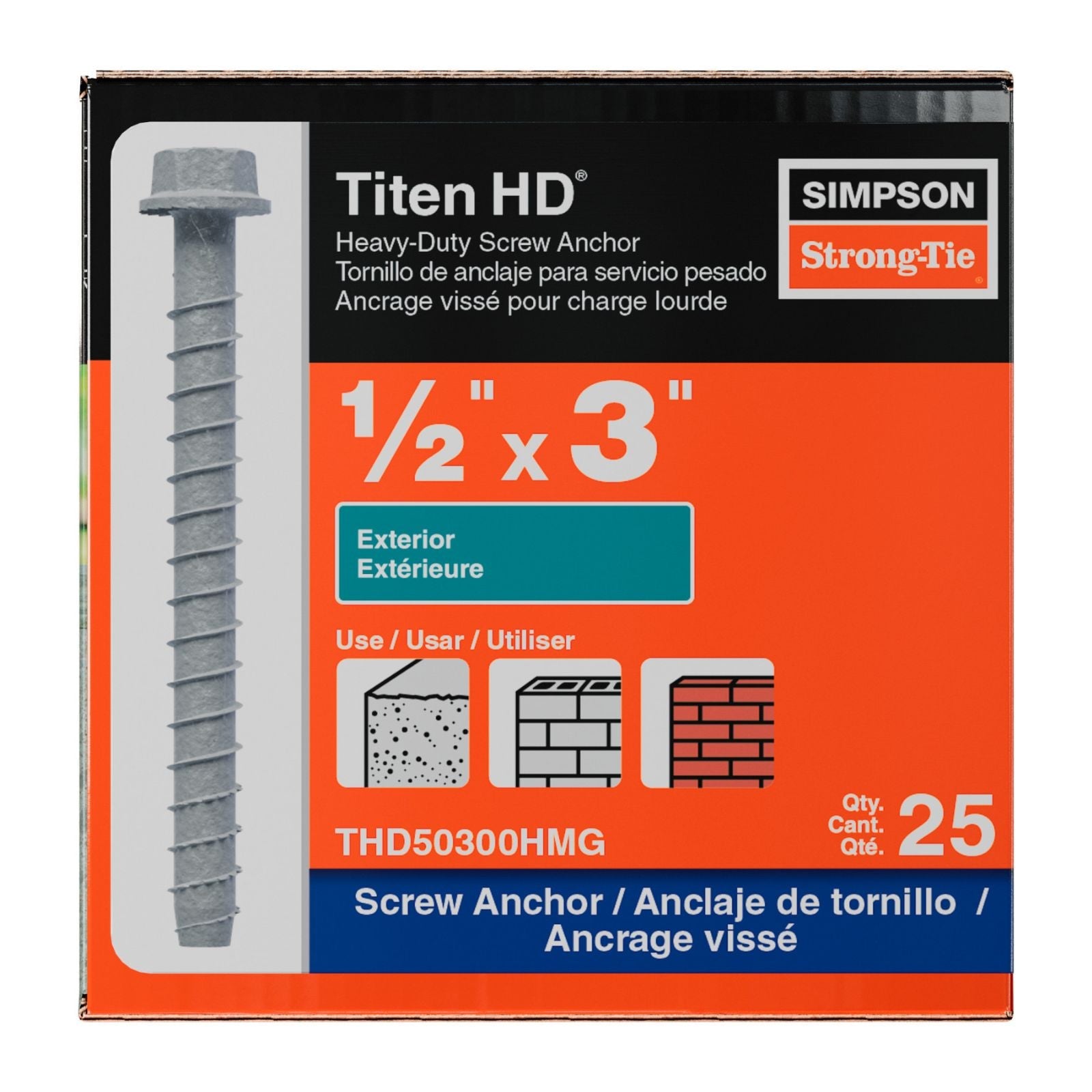 Simpson Strong-Tie 1/2" x 3" Titen HD Heavy-Duty Concrete Screw Anchor - Mechanically Galvanized | Qty. 25