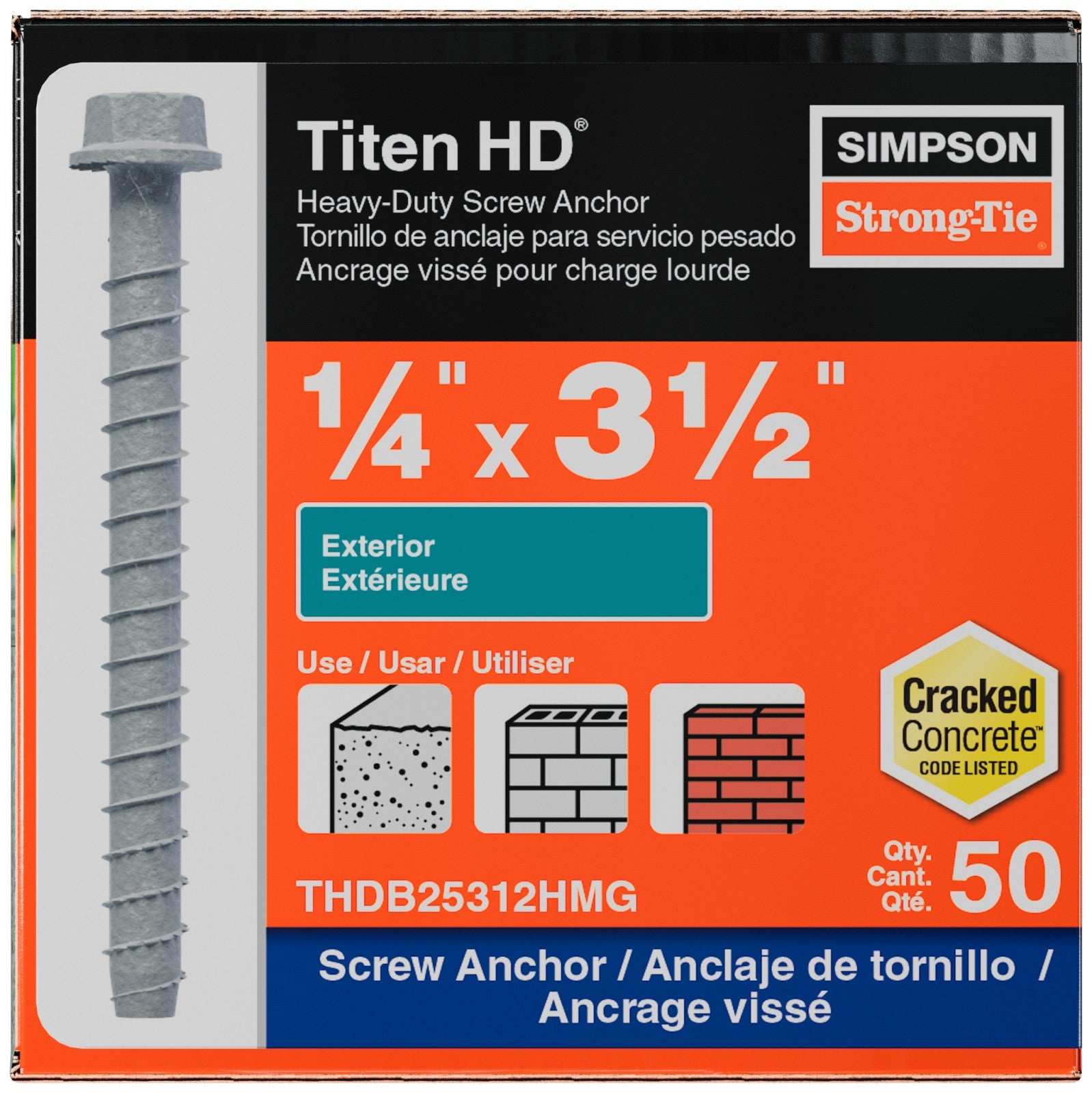Simpson Strong-Tie 1/4" x 3-1/2" Titen HD Heavy-Duty Concrete Screw Anchor - Mechanically Galvanized | Qty. 50