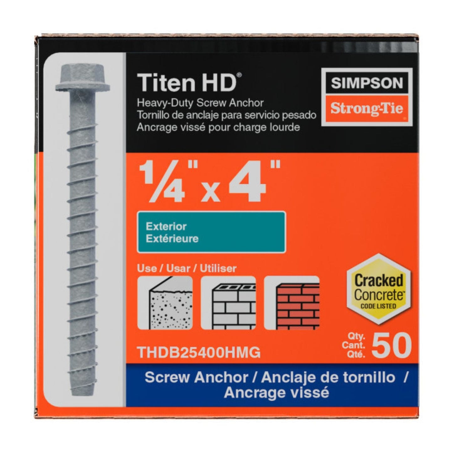 Simpson Strong-Tie 1/4" x 4" Titen HD Heavy-Duty Concrete Screw Anchor - Mechanically Galvanized | Qty. 50