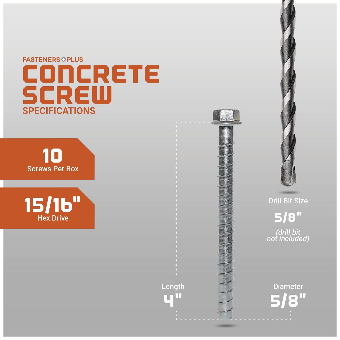 Concrete screw with drill bit on a gray background, showing specifications.