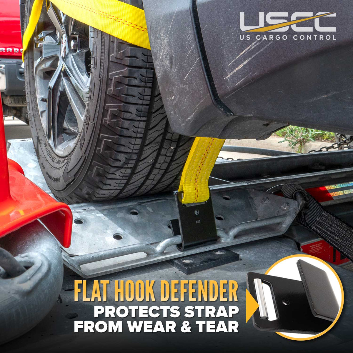 Yellow Adjustable Tow Dolly Strap with 2" Top Strap and Flat Hook