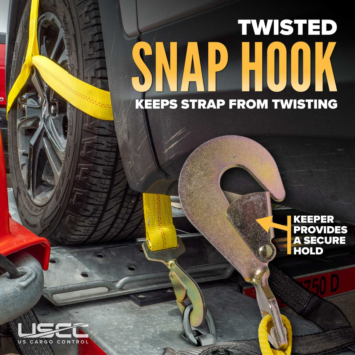 Yellow Adjustable Tow Dolly Strap with 2" Top Strap and Twisted Snap Hook