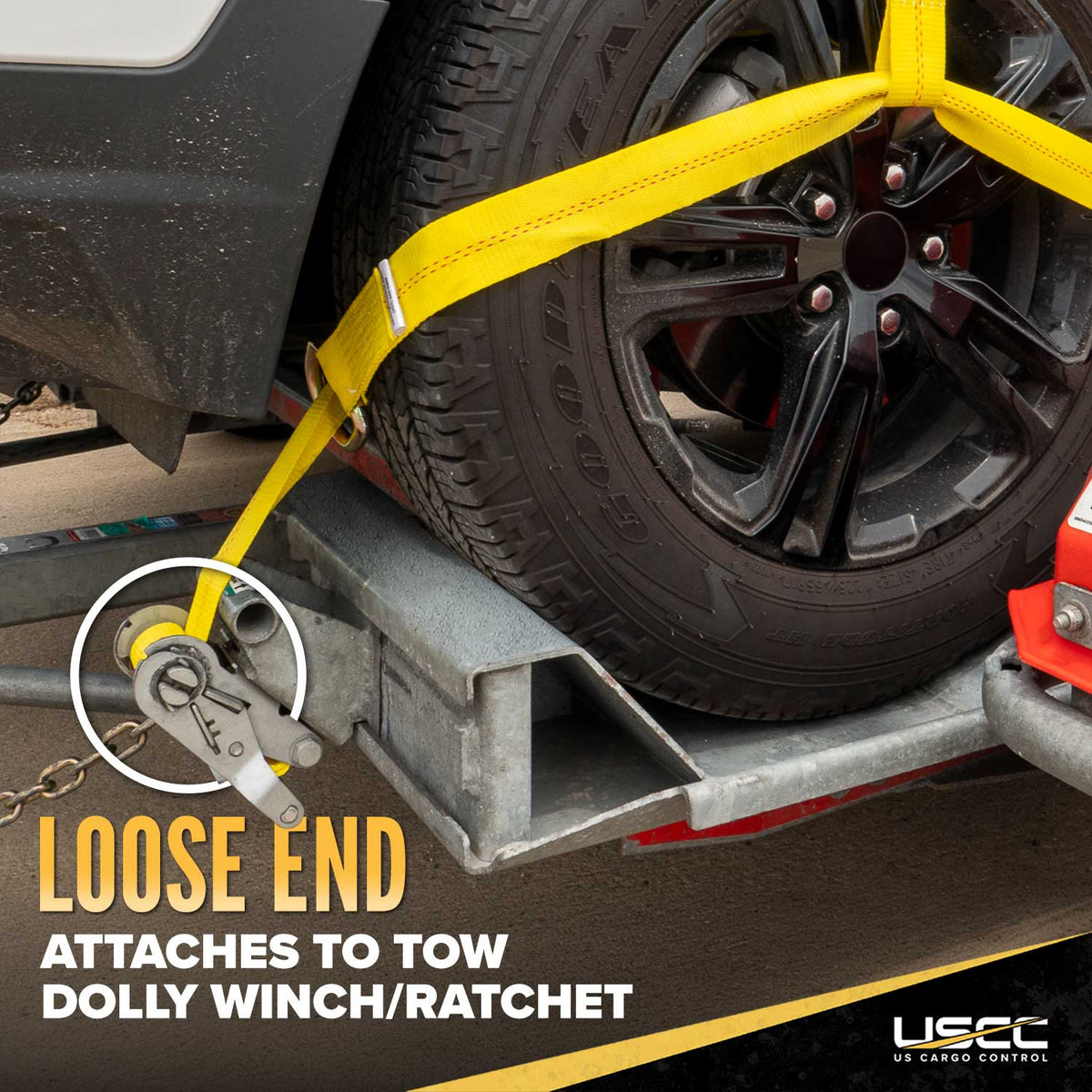 Yellow Adjustable Tow Dolly Strap with 2" Top Strap and Twisted Snap Hook